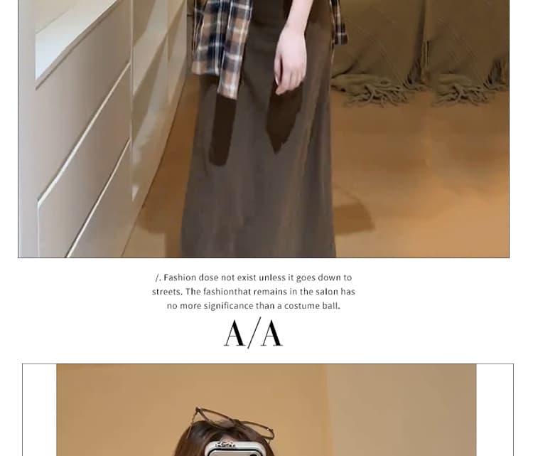 임산부 레트로 체크무늬 여성 셔츠 봄 가을 새로운 느긋한 느슨함 센스 브라운 조끼 원피스 스택 착용 투피스 세트 상세 이미지 10