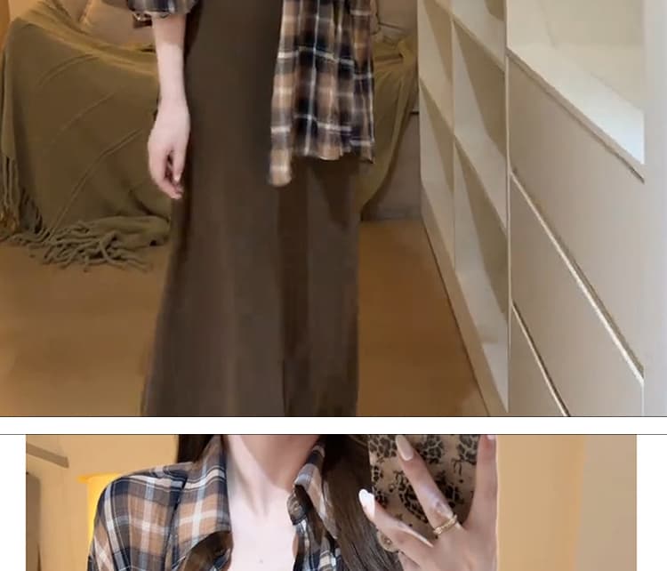 임산부 레트로 체크무늬 여성 셔츠 봄 가을 새로운 느긋한 느슨함 센스 브라운 조끼 원피스 스택 착용 투피스 세트 상세 이미지 15