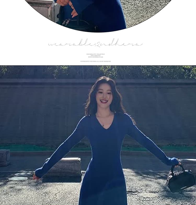 임산부 드레스 가을 겨울 2026 새로운 검정색 고급 센스 프랑스식 V넥 니트 만나는 스웨터 드레스 롱 코트 여성 상세 이미지 14