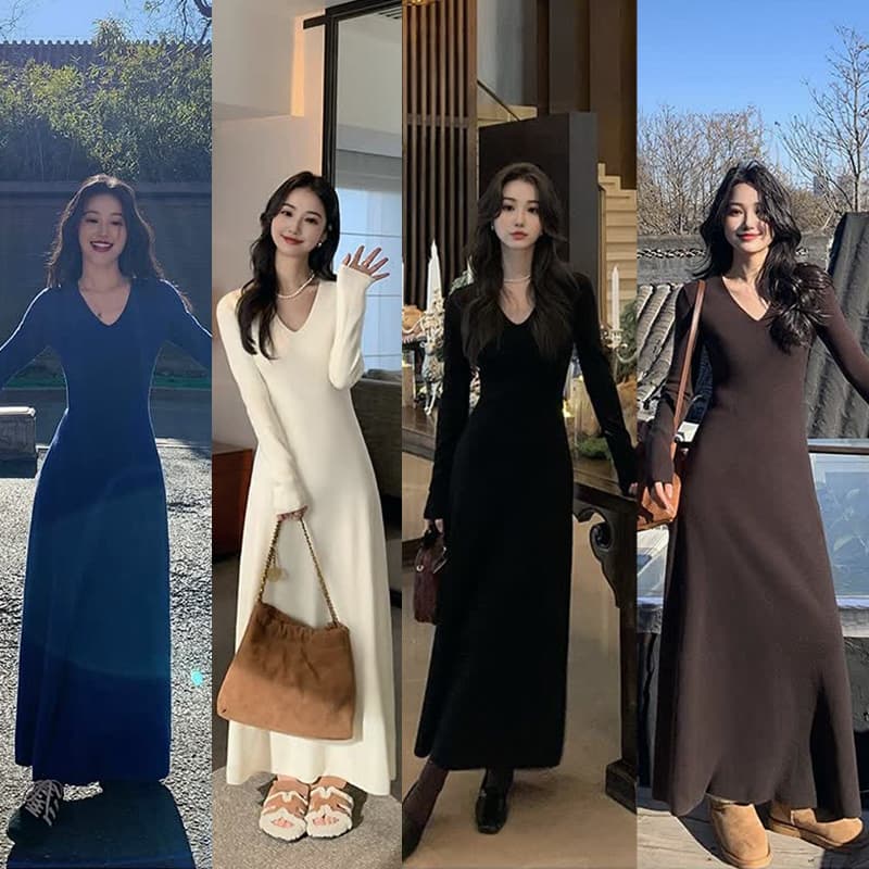 출산 착용 검정색 V넥 니트 여성 드레스 가을 겨울 몸매 가꾸기 품격 인사이드 가져 가라. 예쁜 스웨터 타이트 스커트 인어 꼬리 스커트 이미지 2
