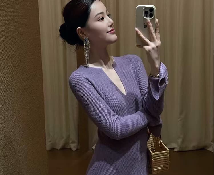 임산부 프랑스식 품격 빛 럭셔리 고급 센스 자이언트 잘 생긴 부드러운 바람 특별 아름다운 보라색 꼬집기 허리 니트 드레스 상세 이미지 12
