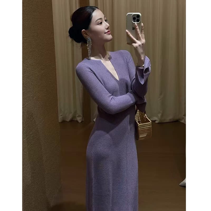출산 착용 2026 가을 겨울 드레스 봄과 가을 패션 V넥 몸매 가꾸기 니트 원피스 인사이드 가져 가라. 품격 만나는 롱 스커트 이미지 6