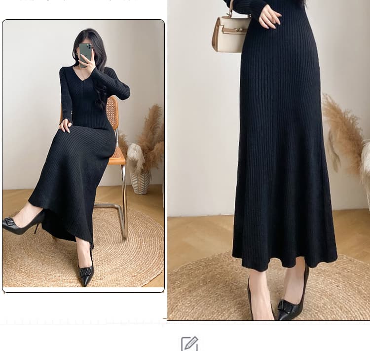 출산 착용 품격 V넥 니트 스웨터 여성 드레스 가을 겨울 섹시함 핫걸 인사이드 가져 가라. 타이트 스커트 인어 꼬리 롱 스커트 상세 이미지 6
