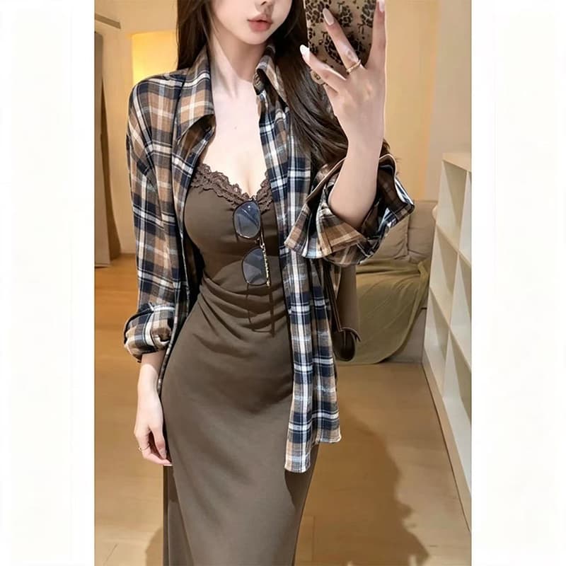 임산부 레트로 체크무늬 여성 셔츠 봄 가을 새로운 느긋한 느슨함 센스 브라운 조끼 원피스 스택 착용 투피스 세트 이미지 6