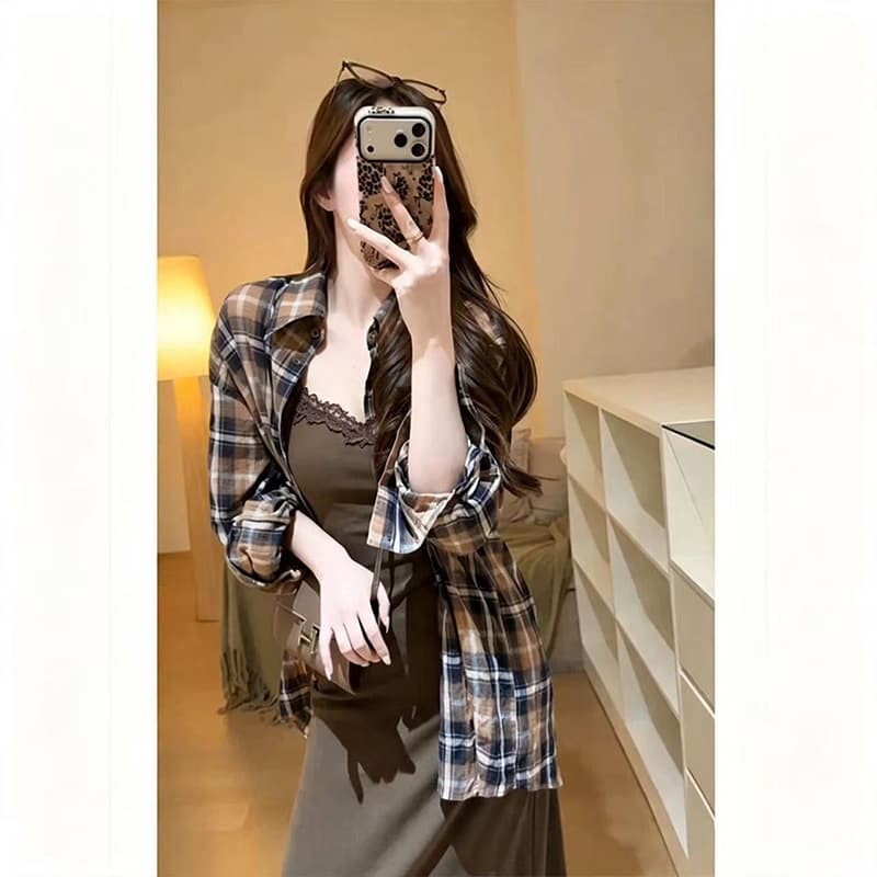 임산부 레트로 체크무늬 여성 셔츠 봄 가을 새로운 느긋한 느슨함 센스 브라운 조끼 원피스 스택 착용 투피스 세트 이미지 5
