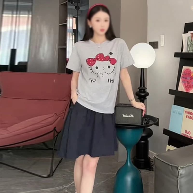 2026 여름 새로운 세트 미니멀리즘 만화 프린트 루즈핏 반팔 티셔츠 다용도 맨위 반신 스커트 투피스 세트 이미지 2
