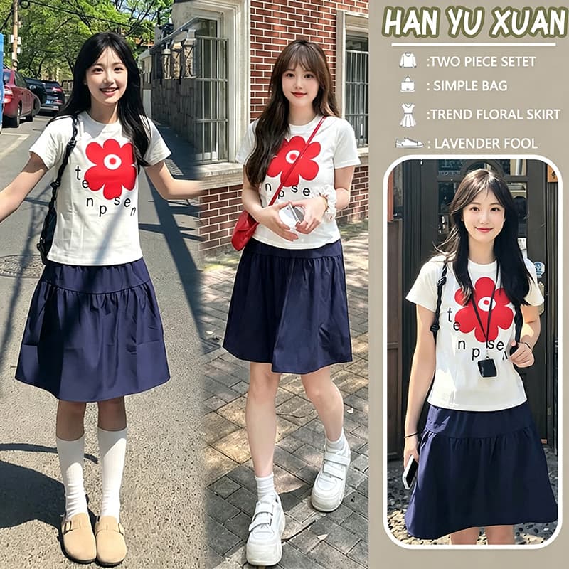 2026 한 부서 여름 캐주얼 출퇴근 착용 가져 가라. 홍화 반팔 흰색 티셔츠 맨위 여성 출산 착용 반 스커트 투피스 세트