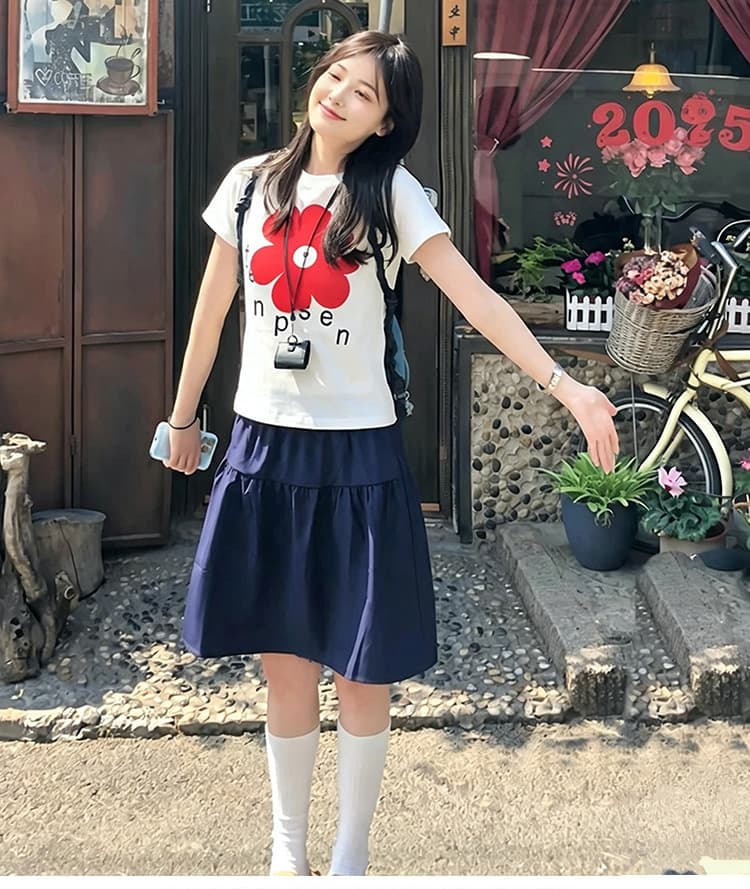 2026 한 부서 여름 캐주얼 출퇴근 착용 가져 가라. 홍화 반팔 흰색 티셔츠 맨위 여성 출산 착용 반 스커트 투피스 세트 상세 이미지 13