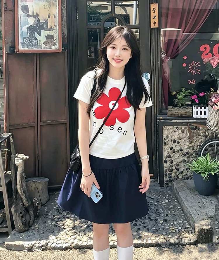 2026 한 부서 여름 캐주얼 출퇴근 착용 가져 가라. 홍화 반팔 흰색 티셔츠 맨위 여성 출산 착용 반 스커트 투피스 세트 상세 이미지 20