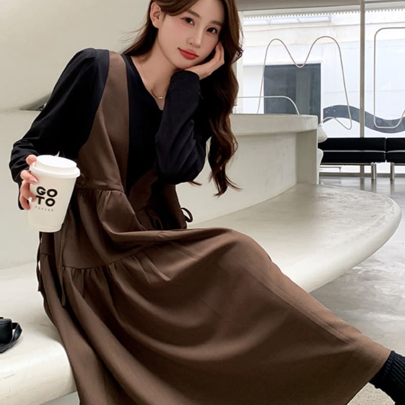 커피 색상 페이크 레이어드 패치워크 중간 길이 드레스 가을 새로운 프랑스식 달콤함 품격 다용도 임산부 A라인 스커트 이미지 5