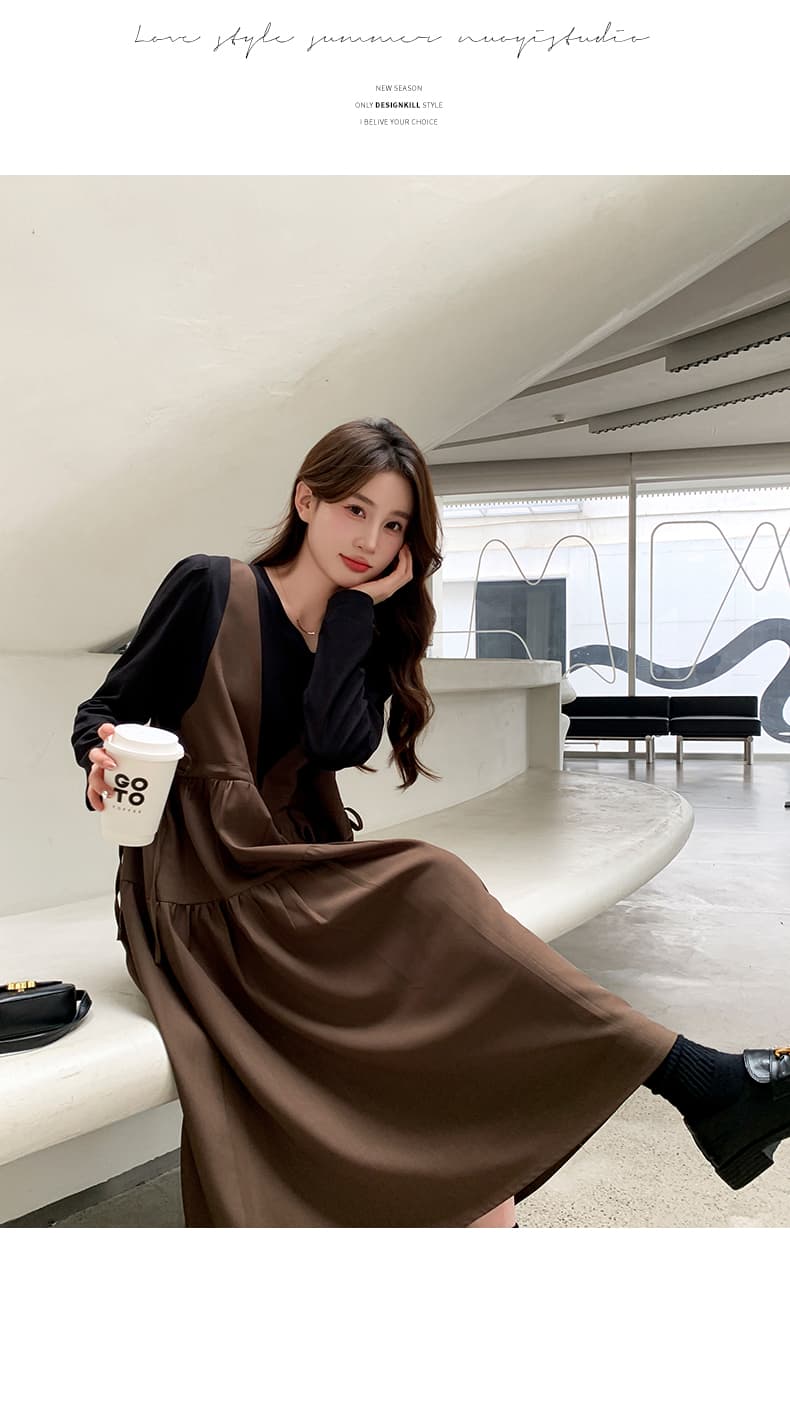 커피 색상 페이크 레이어드 패치워크 중간 길이 드레스 가을 새로운 프랑스식 달콤함 품격 다용도 임산부 A라인 스커트 상세 이미지 6