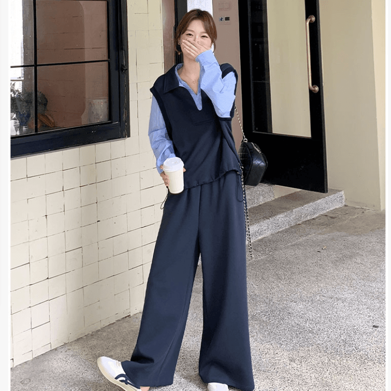 봄 페이크 레이어드 패치워크 후드티 와이드 레그 팬츠 세트 느슨함 센스 폭발 고급 센스 임산부 투피스 세트