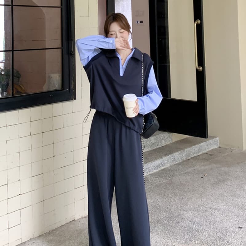 봄 페이크 레이어드 패치워크 후드티 와이드 레그 팬츠 세트 느슨함 센스 폭발 고급 센스 임산부 투피스 세트 이미지 5