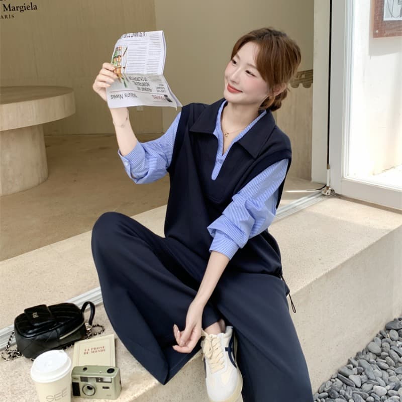 봄 페이크 레이어드 패치워크 후드티 와이드 레그 팬츠 세트 느슨함 센스 폭발 고급 센스 임산부 투피스 세트 이미지 3