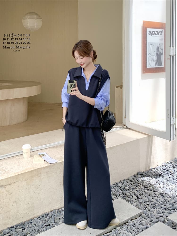 봄 페이크 레이어드 패치워크 후드티 와이드 레그 팬츠 세트 느슨함 센스 폭발 고급 센스 임산부 투피스 세트 이미지 4
