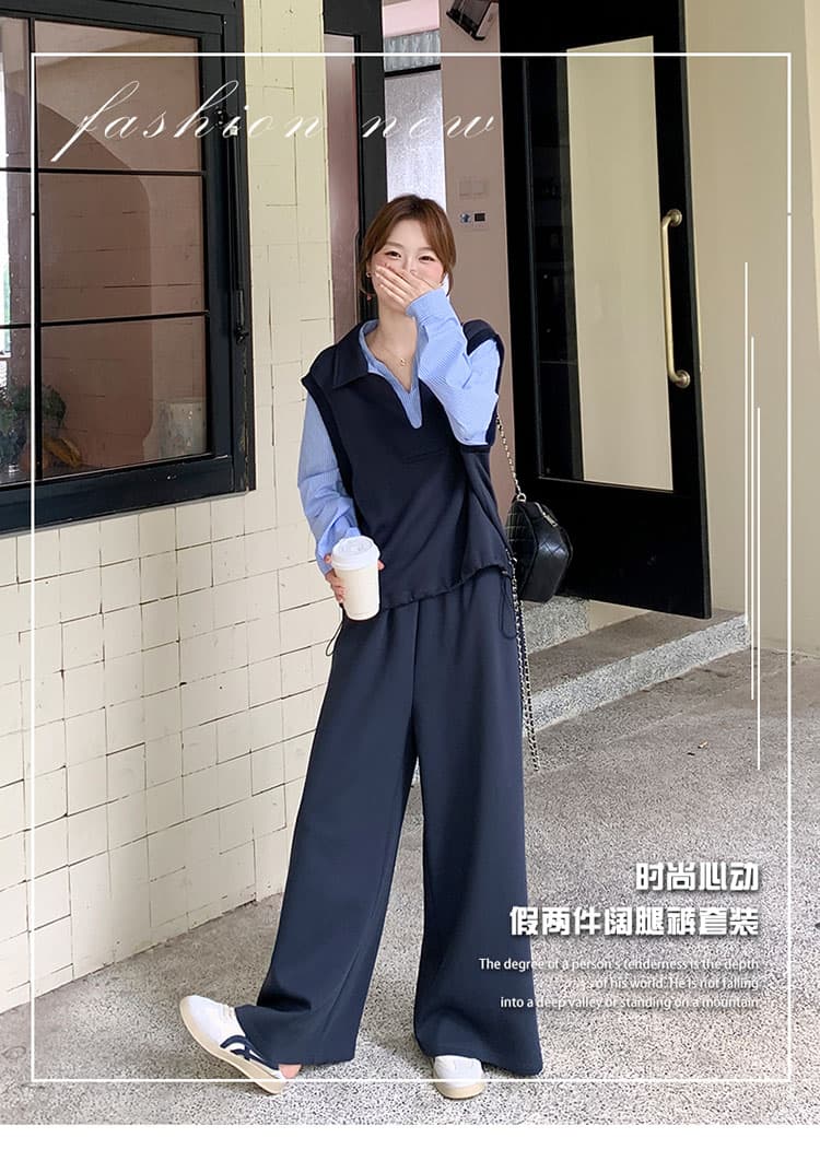 봄 페이크 레이어드 패치워크 후드티 와이드 레그 팬츠 세트 느슨함 센스 폭발 고급 센스 임산부 투피스 세트 상세 이미지 1
