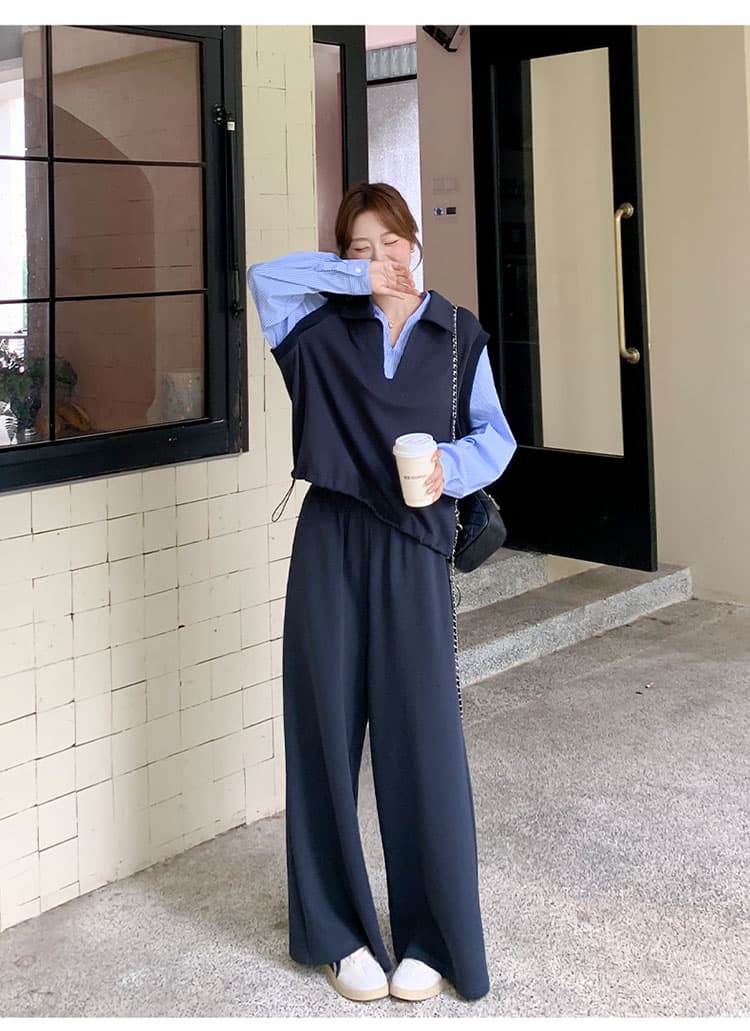봄 페이크 레이어드 패치워크 후드티 와이드 레그 팬츠 세트 느슨함 센스 폭발 고급 센스 임산부 투피스 세트 상세 이미지 4