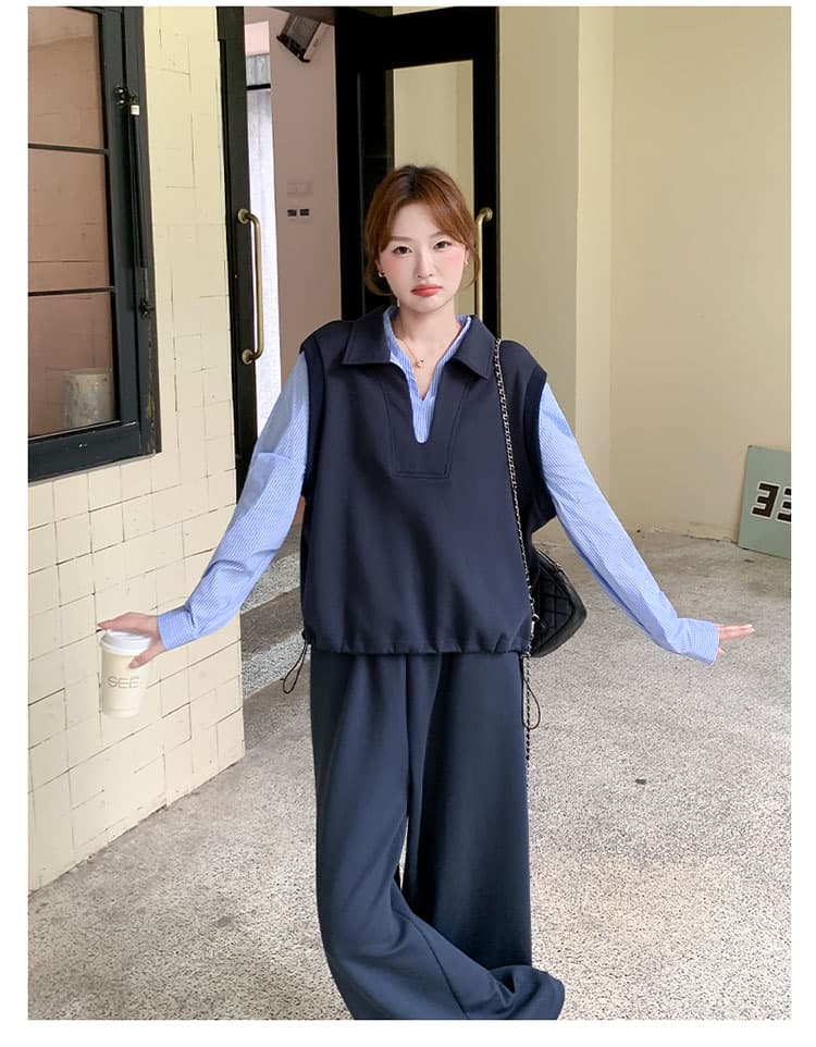 봄 페이크 레이어드 패치워크 후드티 와이드 레그 팬츠 세트 느슨함 센스 폭발 고급 센스 임산부 투피스 세트 상세 이미지 6