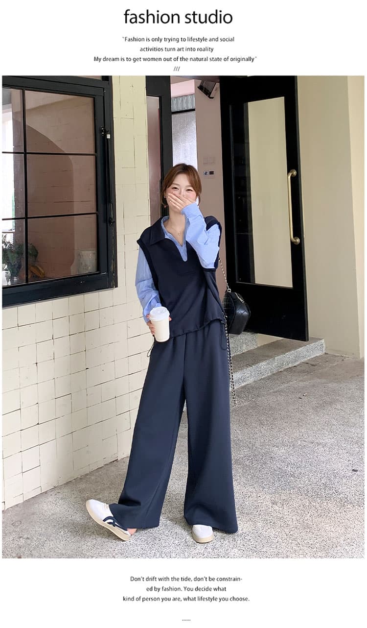 봄 페이크 레이어드 패치워크 후드티 와이드 레그 팬츠 세트 느슨함 센스 폭발 고급 센스 임산부 투피스 세트 상세 이미지 7