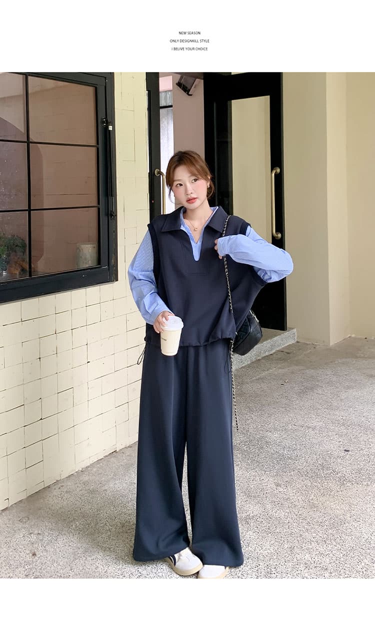 봄 페이크 레이어드 패치워크 후드티 와이드 레그 팬츠 세트 느슨함 센스 폭발 고급 센스 임산부 투피스 세트 상세 이미지 8