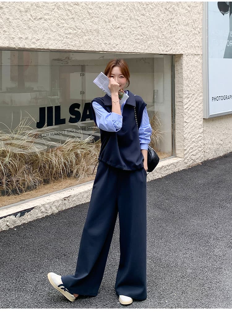 봄 페이크 레이어드 패치워크 후드티 와이드 레그 팬츠 세트 느슨함 센스 폭발 고급 센스 임산부 투피스 세트 상세 이미지 11