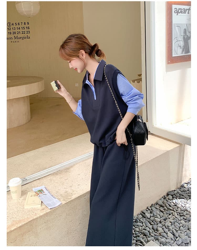 봄 페이크 레이어드 패치워크 후드티 와이드 레그 팬츠 세트 느슨함 센스 폭발 고급 센스 임산부 투피스 세트 상세 이미지 14
