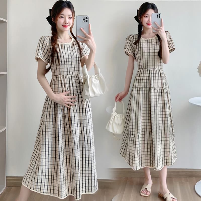 실사 새로운 빅 사이즈 프랑스식 체크무늬 드레스 여름 레이스 패치워크 품격 패션 광장 칼라 임산부 치마 이미지 2