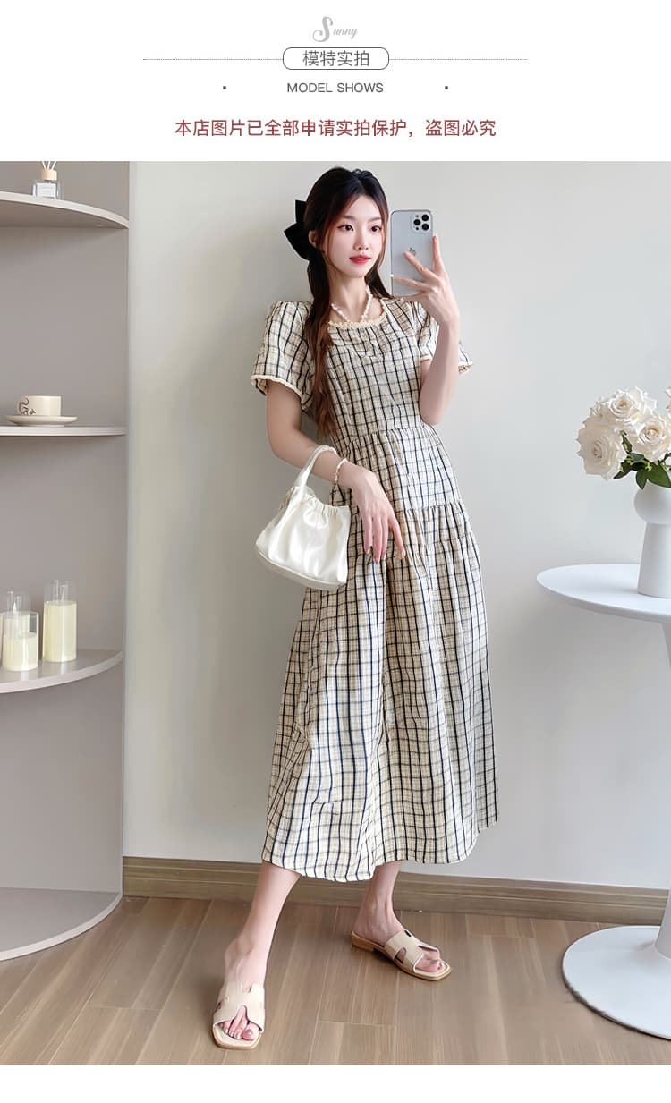 실사 새로운 빅 사이즈 프랑스식 체크무늬 드레스 여름 레이스 패치워크 품격 패션 광장 칼라 임산부 치마 상세 이미지 7
