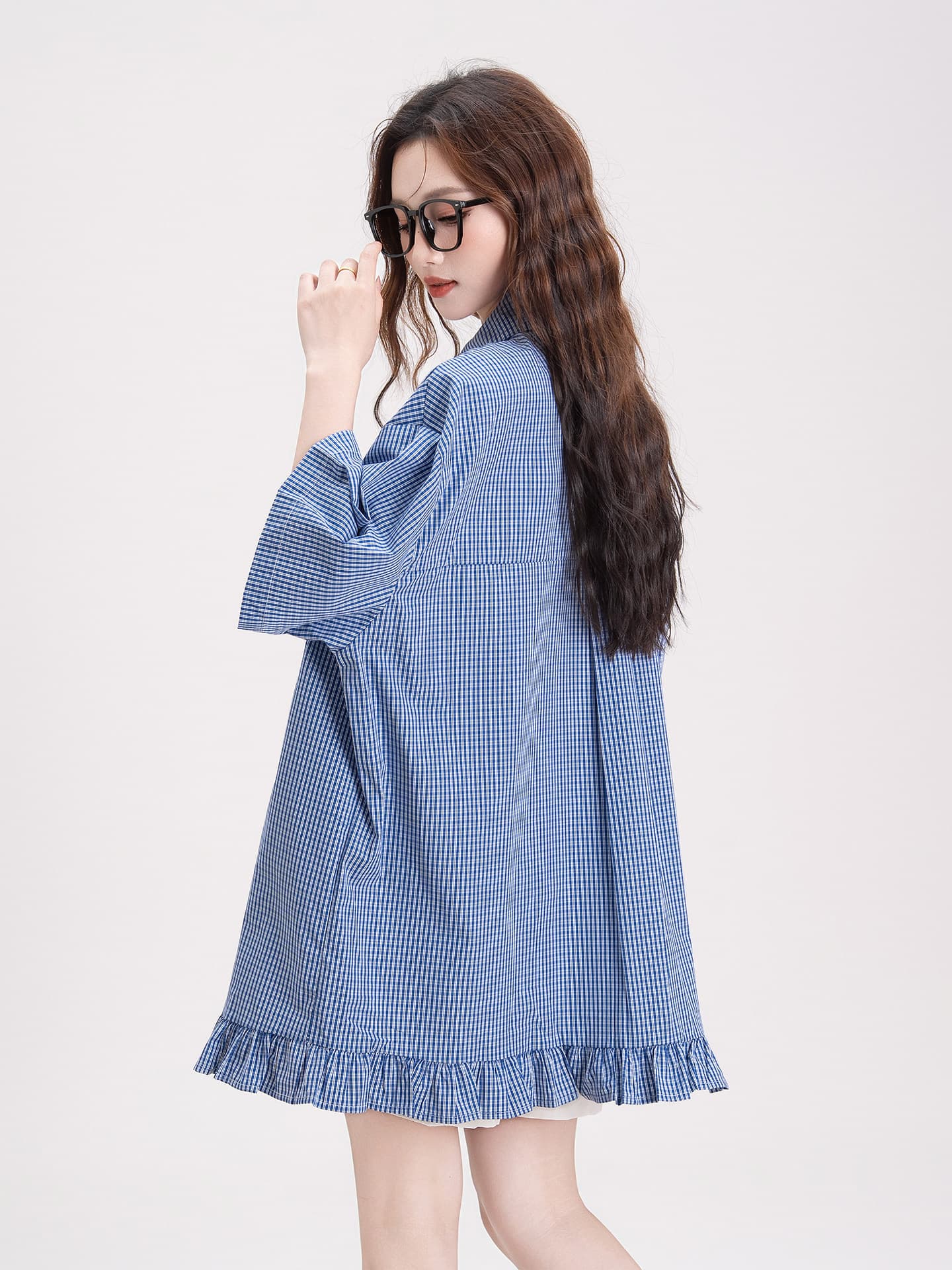 파란색 체크무늬 프릴 반팔 셔츠 여름 새로운 루즈핏 넓은 다리 복부 지지 반바지 임산부 투피스 슈트 로드 중 이미지 3