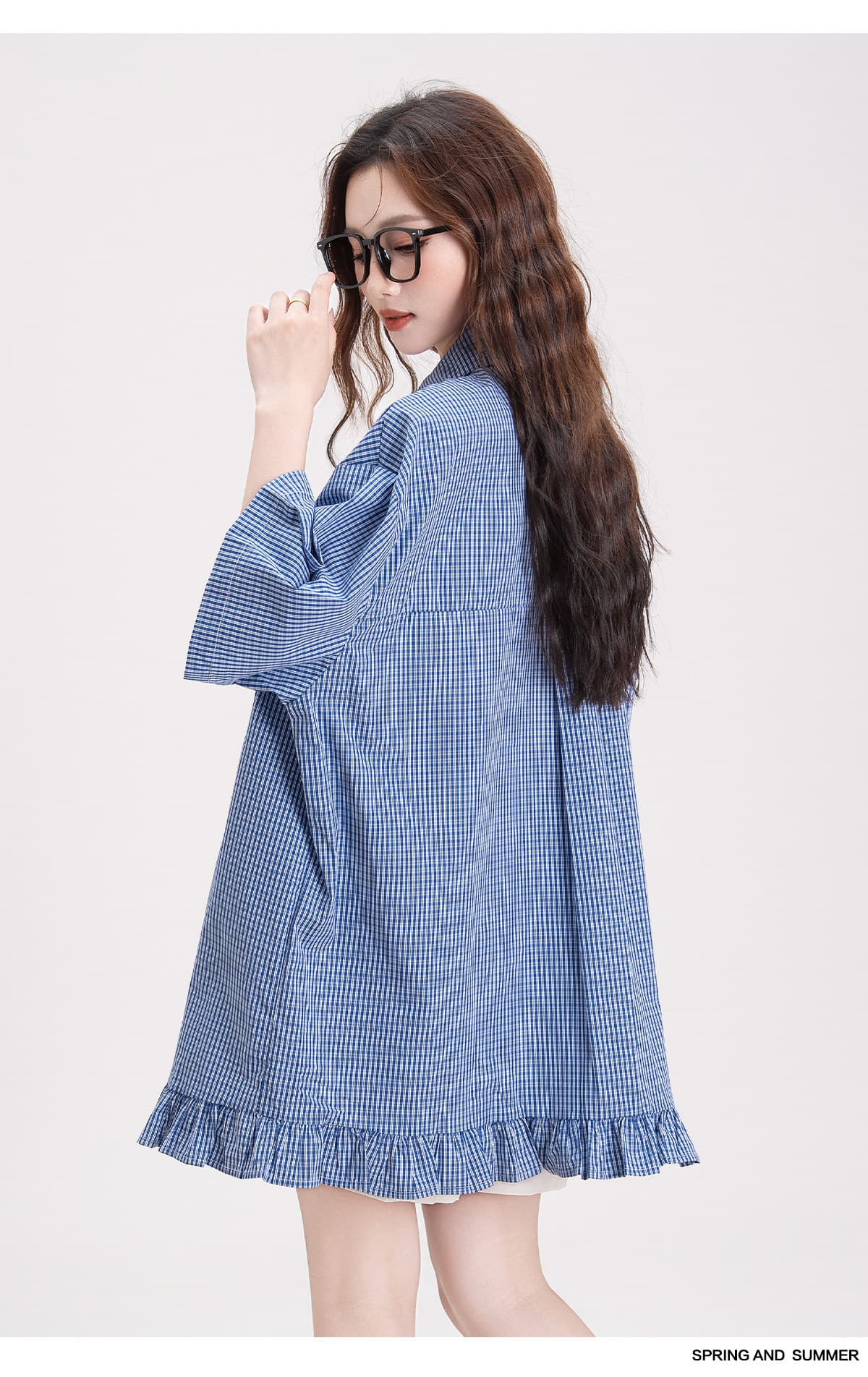 파란색 체크무늬 프릴 반팔 셔츠 여름 새로운 루즈핏 넓은 다리 복부 지지 반바지 임산부 투피스 슈트 로드 중 상세 이미지 6