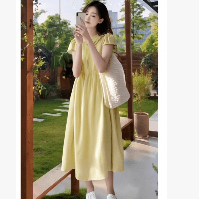 실사 새로운 휴가 바람 작은 키 황색 드레스 프랑스식 품격 출산 스커트 여름 이미지 2