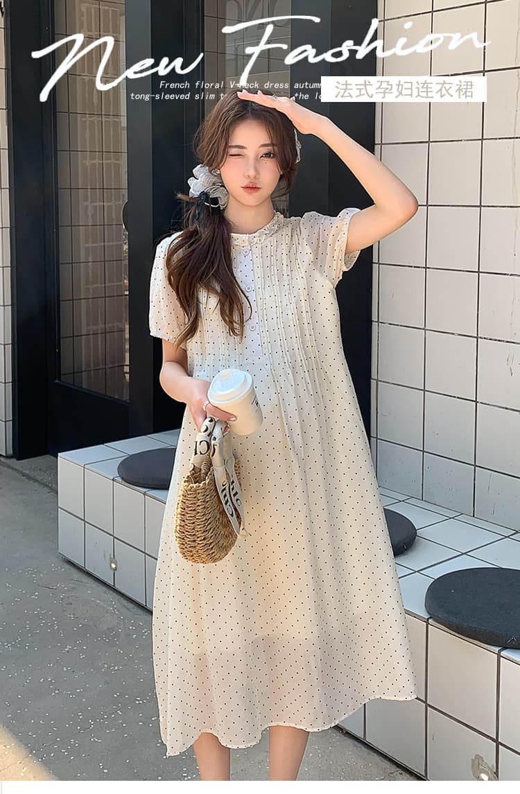 실사 임산부 여름 드레스 새로운 패션 도트 무늬 드레스 트렌디 엄마 작은 청신 연령 감소 레이스업 품격 임산부 치마 상세 이미지 1