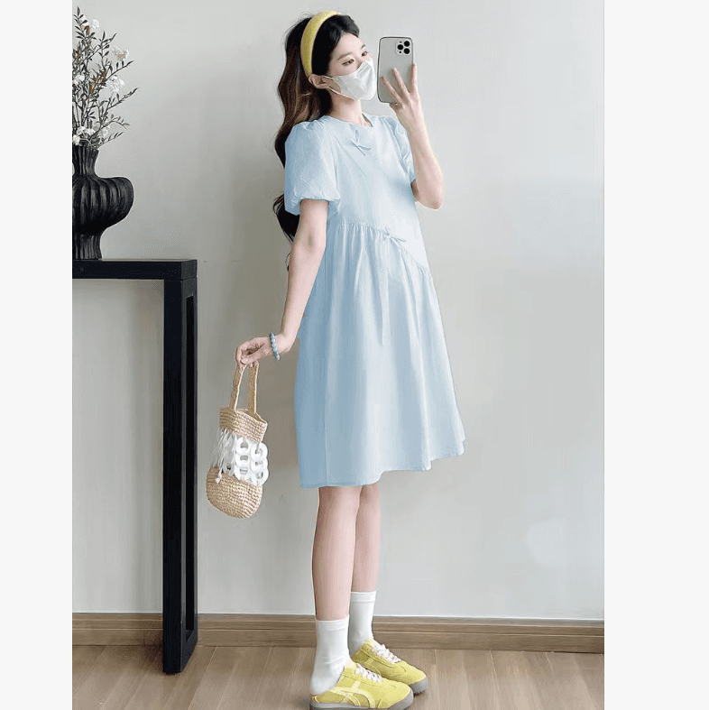 선물 물품 실사 면 소재 나비 매듭 드레스 여름 작은 키 출산 스커트 거품 소매 치마 이미지 4