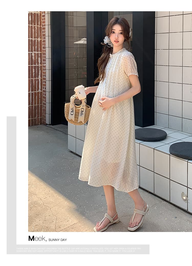 선물 물품 실사 임산부 여름 드레스 새로운 도트 무늬 드레스 트렌디 엄마 작은 청신 연령 감소 레이스업 품격 임산부 치마 상세 이미지 13