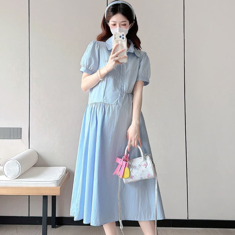 선물 물품 실사 새로운 여름 파란색 스트라이프 롱 스커트 잘못된 게재 위치 허리 선 디자인 달콤함 셔츠 드레스 임산부 롱 스커트 이미지 4