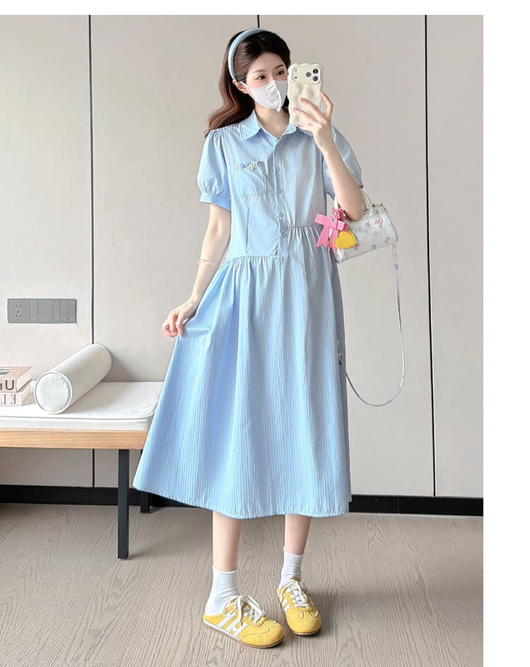 선물 물품 실사 새로운 여름 파란색 스트라이프 롱 스커트 잘못된 게재 위치 허리 선 디자인 달콤함 셔츠 드레스 임산부 롱 스커트 상세 이미지 10