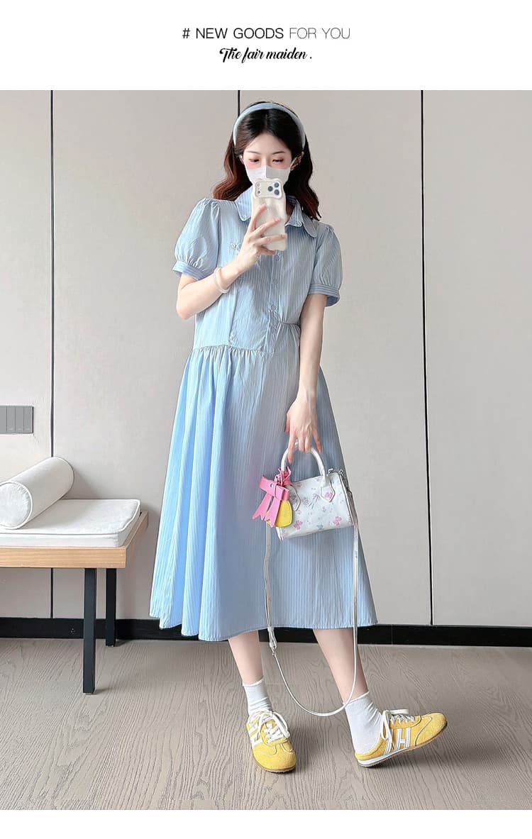 선물 물품 실사 새로운 여름 파란색 스트라이프 롱 스커트 잘못된 게재 위치 허리 선 디자인 달콤함 셔츠 드레스 임산부 롱 스커트 상세 이미지 11