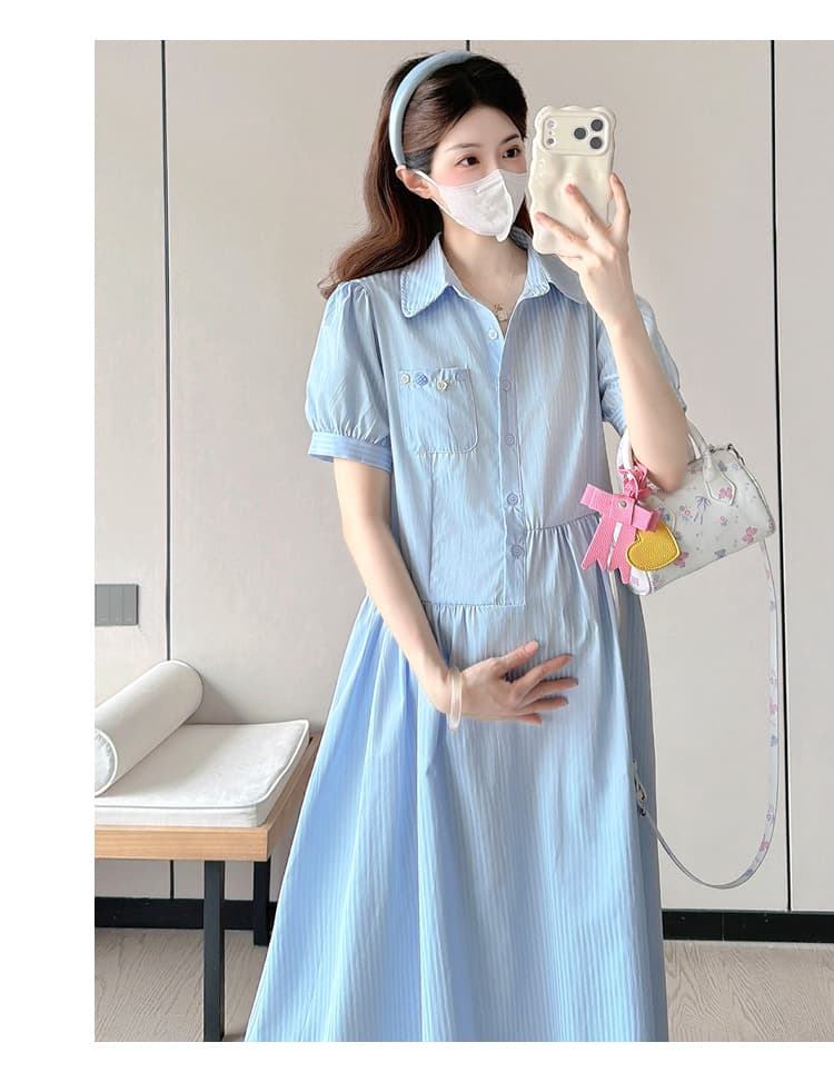 선물 물품 실사 새로운 여름 파란색 스트라이프 롱 스커트 잘못된 게재 위치 허리 선 디자인 달콤함 셔츠 드레스 임산부 롱 스커트 상세 이미지 17