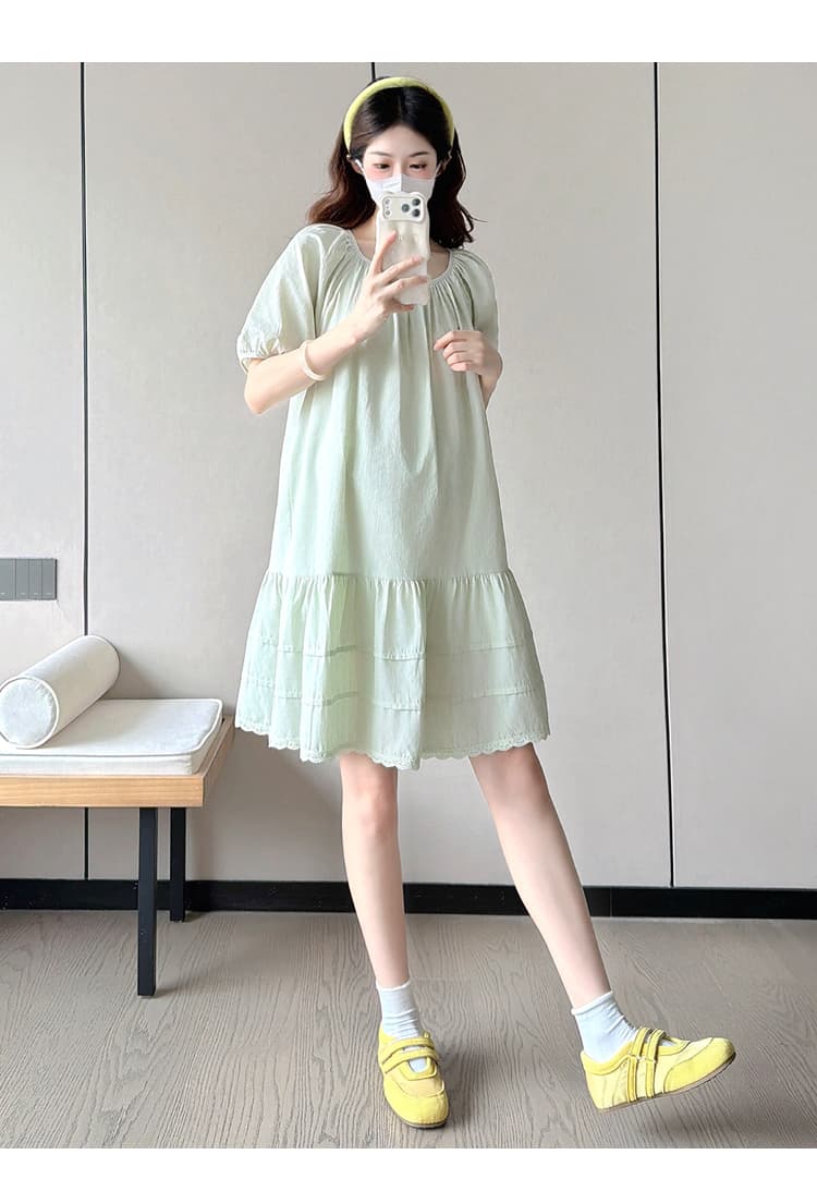 선물 물품 실사 프랑스식 새로운 슈퍼 잘 생긴 박하 녹색 드레스 여름 거품 소매 루즈핏 케이크 출산 스커트 상세 이미지 16