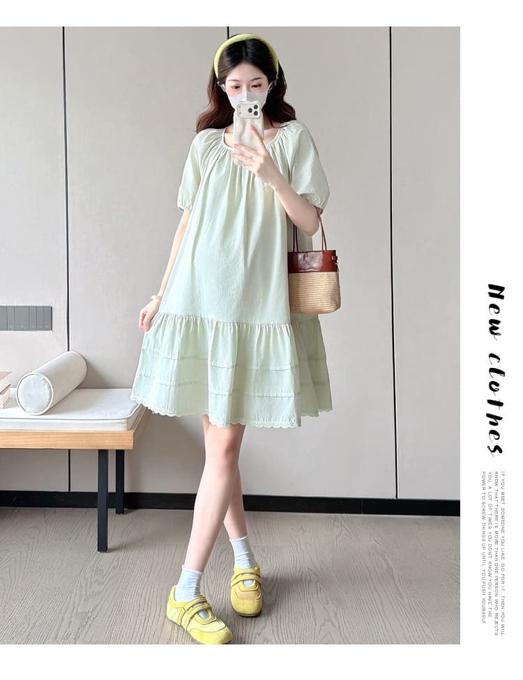 선물 물품 실사 프랑스식 새로운 슈퍼 잘 생긴 박하 녹색 드레스 여름 거품 소매 루즈핏 케이크 출산 스커트 상세 이미지 17