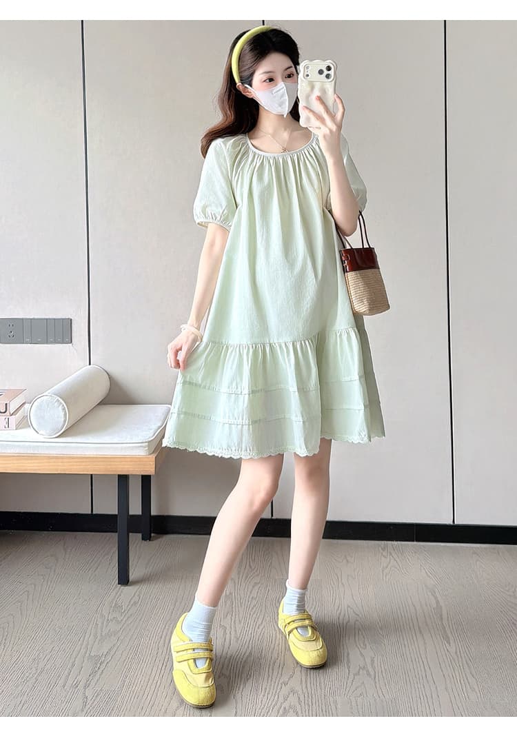 선물 물품 실사 프랑스식 새로운 슈퍼 잘 생긴 박하 녹색 드레스 여름 거품 소매 루즈핏 케이크 출산 스커트 상세 이미지 19