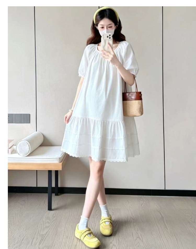선물 물품 실사 프랑스식 새로운 슈퍼 잘 생긴 박하 녹색 드레스 여름 거품 소매 루즈핏 케이크 출산 스커트 상세 이미지 22