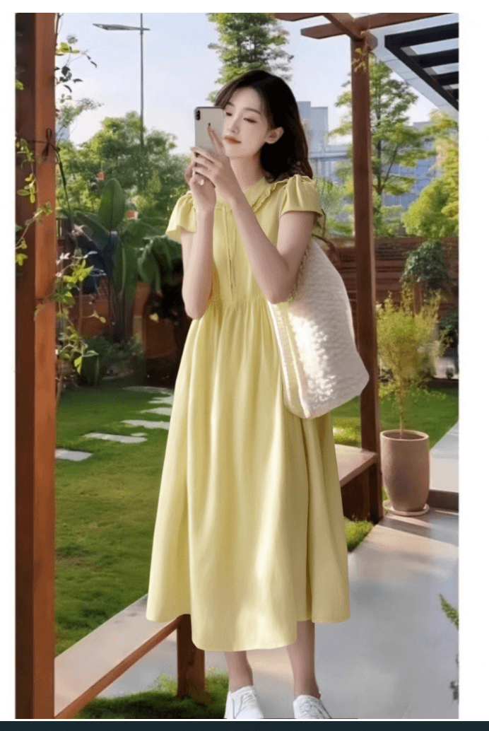 선물 물품 실사 새로운 휴가 바람 작은 키 황색 드레스 프랑스식 품격 출산 스커트 여름 상세 이미지 6