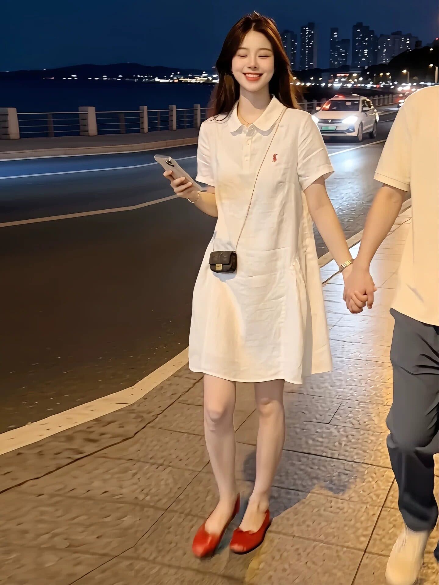 선물 물품 여름 새로운 Chic 미니멀리즘 자수 다용도 드레스 루즈핏 통기성 셔츠 POLO 칼라 임산부 치마 이미지 2