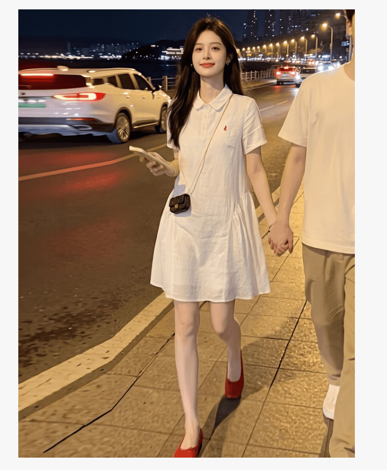 선물 물품 여름 새로운 Chic 미니멀리즘 자수 다용도 드레스 루즈핏 통기성 셔츠 POLO 칼라 임산부 치마 상세 이미지 8