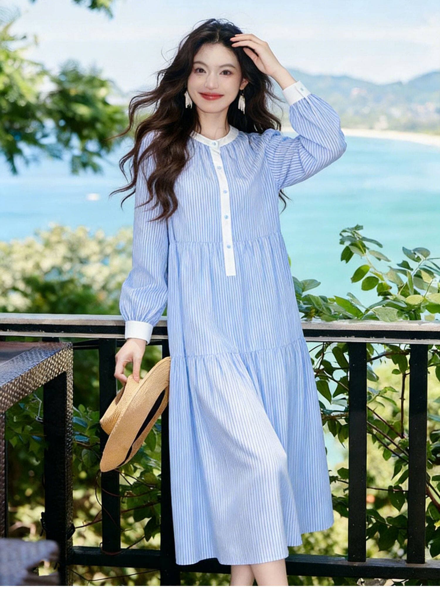 선물 물품 가을 새로운 프랑스식 파란색 캐주얼 스트라이프 롱 스커트 거품 소매 부드러운 싸움 색상 임산부 드레스 상세 이미지 5