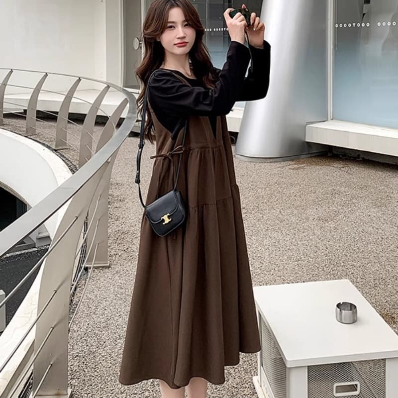 선물 가을 커피 색상 페이크 레이어드 패치워크 중간 길이 드레스 새로운 프랑스식 달콤함 품격 다용도 임산부 치마 이미지 5