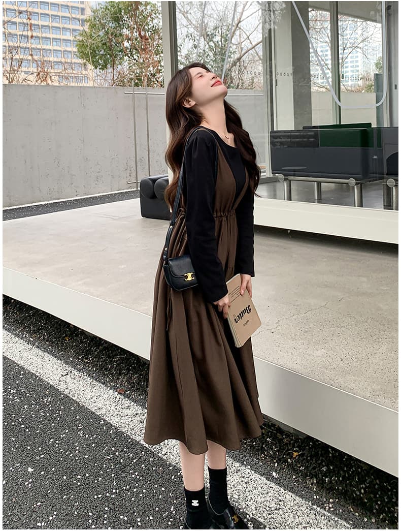 선물 가을 커피 색상 페이크 레이어드 패치워크 중간 길이 드레스 새로운 프랑스식 달콤함 품격 다용도 임산부 치마 상세 이미지 4
