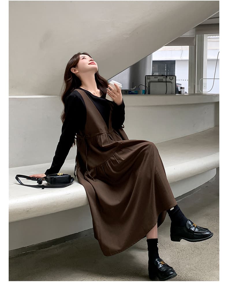 선물 가을 커피 색상 페이크 레이어드 패치워크 중간 길이 드레스 새로운 프랑스식 달콤함 품격 다용도 임산부 치마 상세 이미지 7