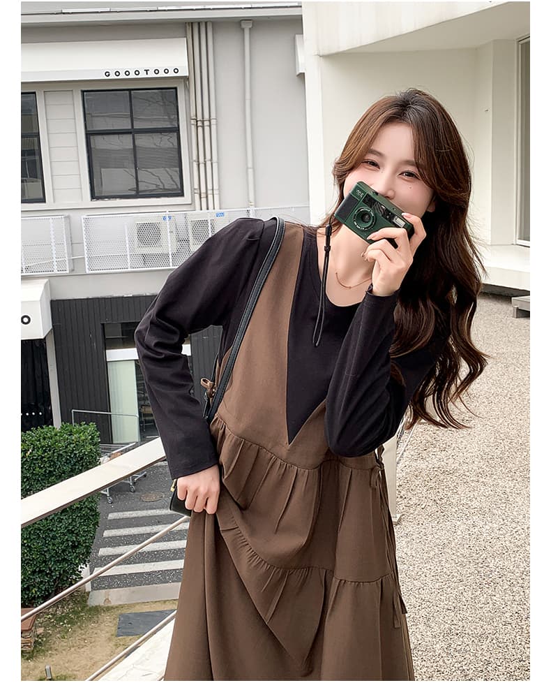 선물 가을 커피 색상 페이크 레이어드 패치워크 중간 길이 드레스 새로운 프랑스식 달콤함 품격 다용도 임산부 치마 상세 이미지 13